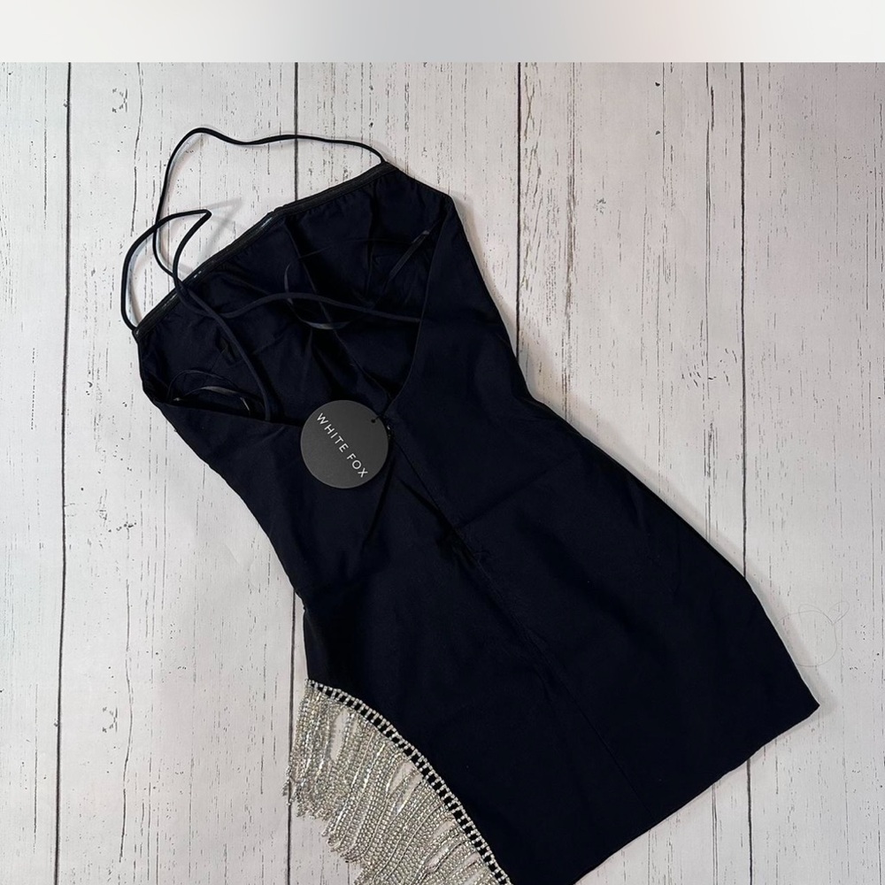 White Fox Boutique Black Mini Dress with Silver Crystal Fringe - Picture 4 of 4